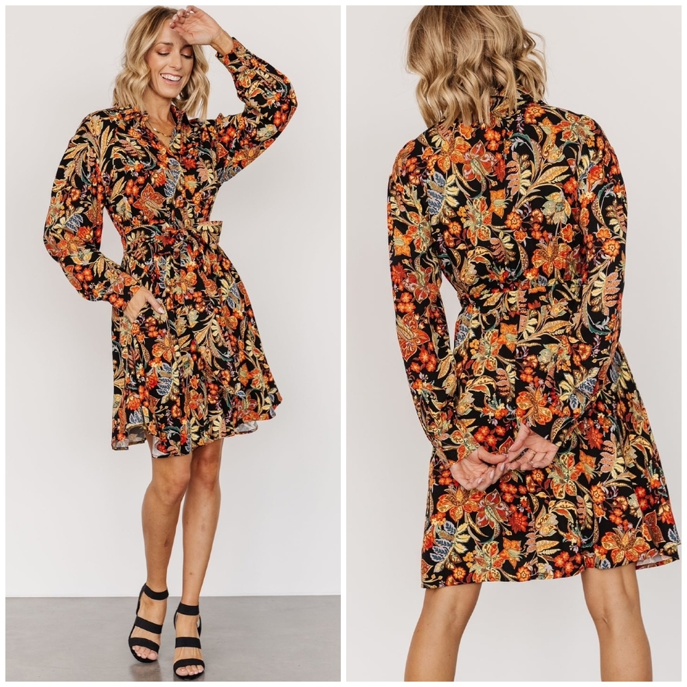 FEW LEFT❗️POLAGRAM Black Floral Long Sleeves Short Dress - Picture 3 of 6
